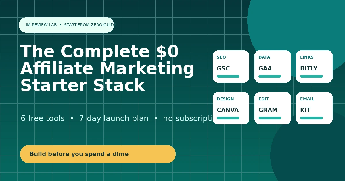 The complete $0 affiliate marketing starter stack — six free tools for SEO, analytics, design, writing, email and link tracking